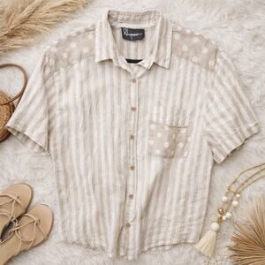 Beige Striped Short Sleeve Button Down Shirt Size L 21" PTP |Rhymes Boho Nuetral